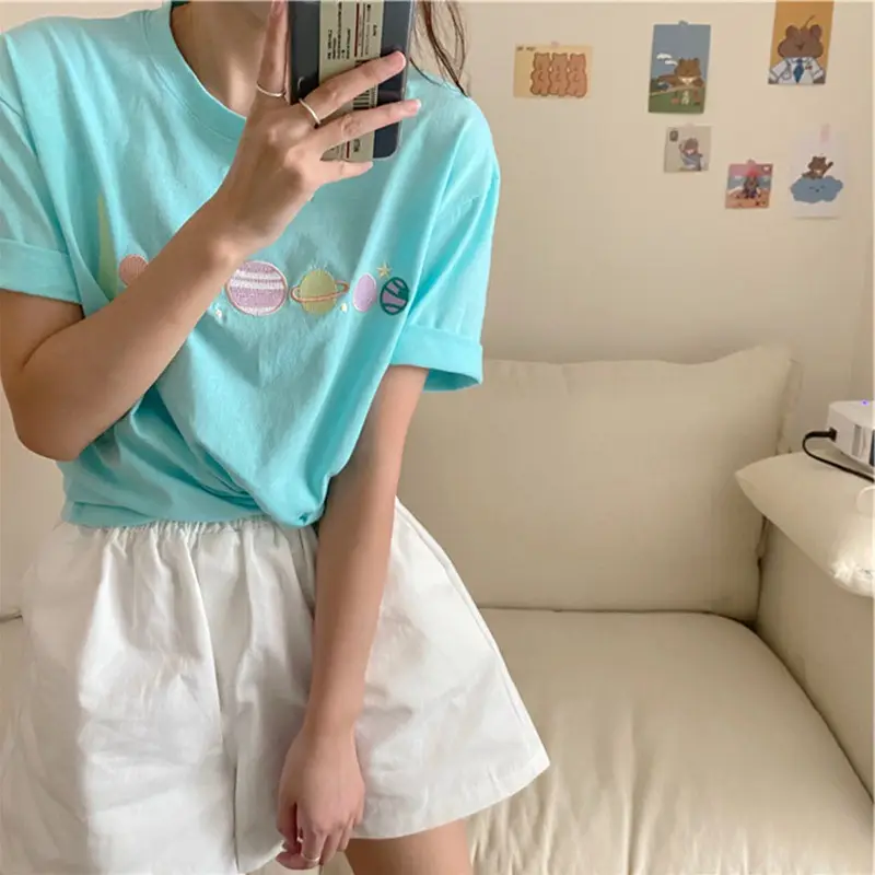 Women Light Blue Embroidered T-Shirt Short Sleeve Loose Fit - Image 2