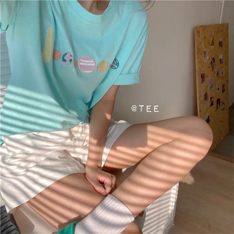 Women Light Blue Embroidered T-Shirt Short Sleeve Loose Fit - Image 3
