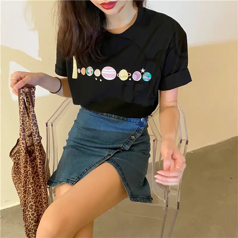 Women Light Blue Embroidered T-Shirt Short Sleeve Loose Fit - Image 4
