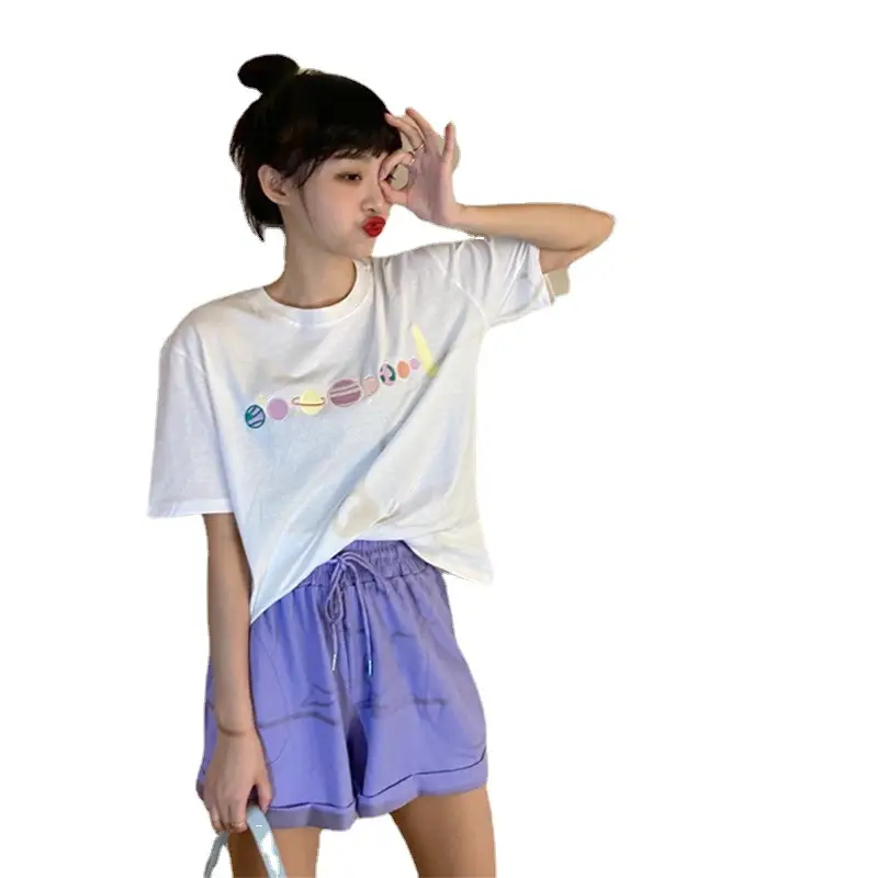 Women Light Blue Embroidered T-Shirt Short Sleeve Loose Fit - Image 5