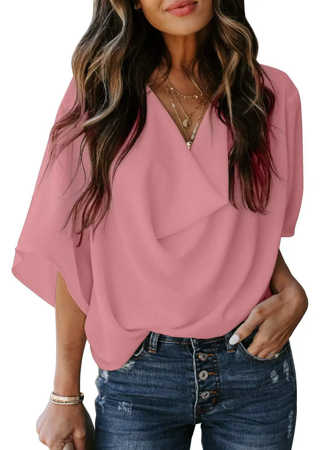 2025 Purple V-Neck Chiffon T-Shirt Women - Image 5
