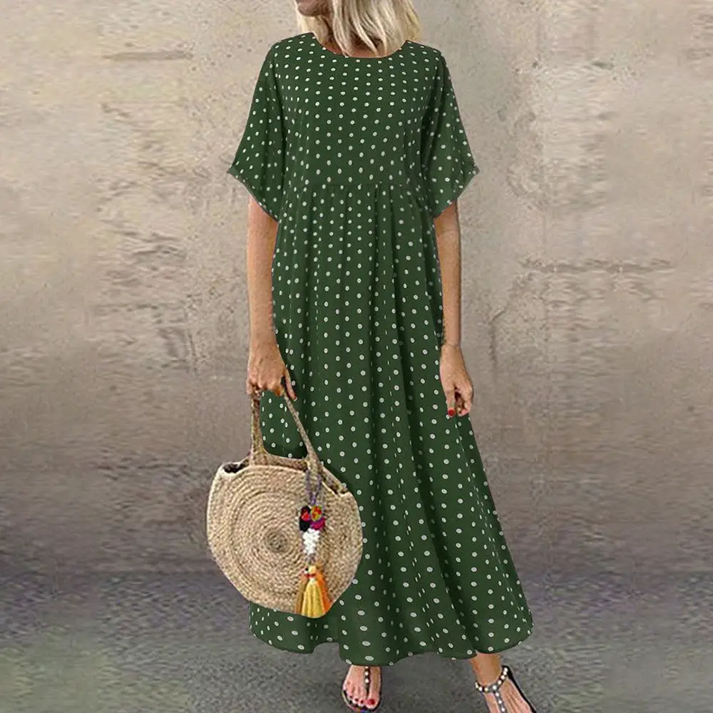 Women Polka Dot Swing Dress Green Large