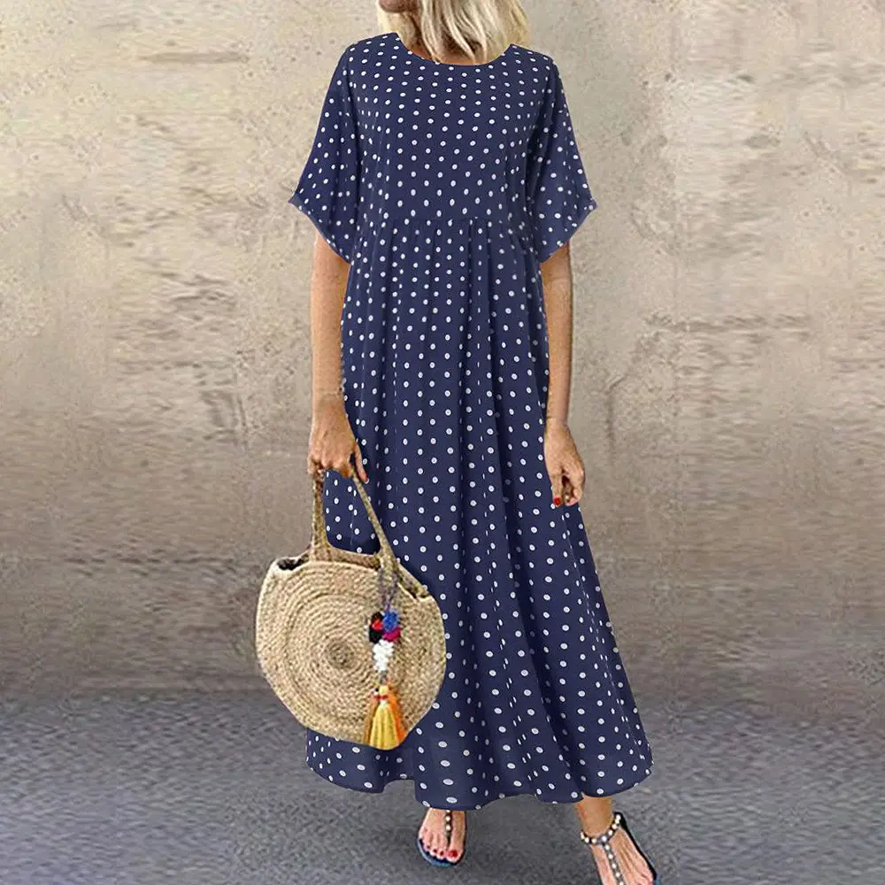 Women Polka Dot Swing Dress Green Large