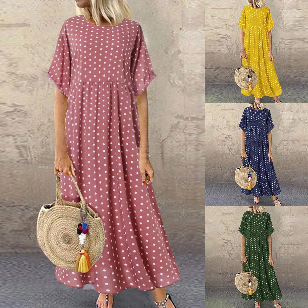 Women Polka Dot Swing Dress Green Large — feature 2