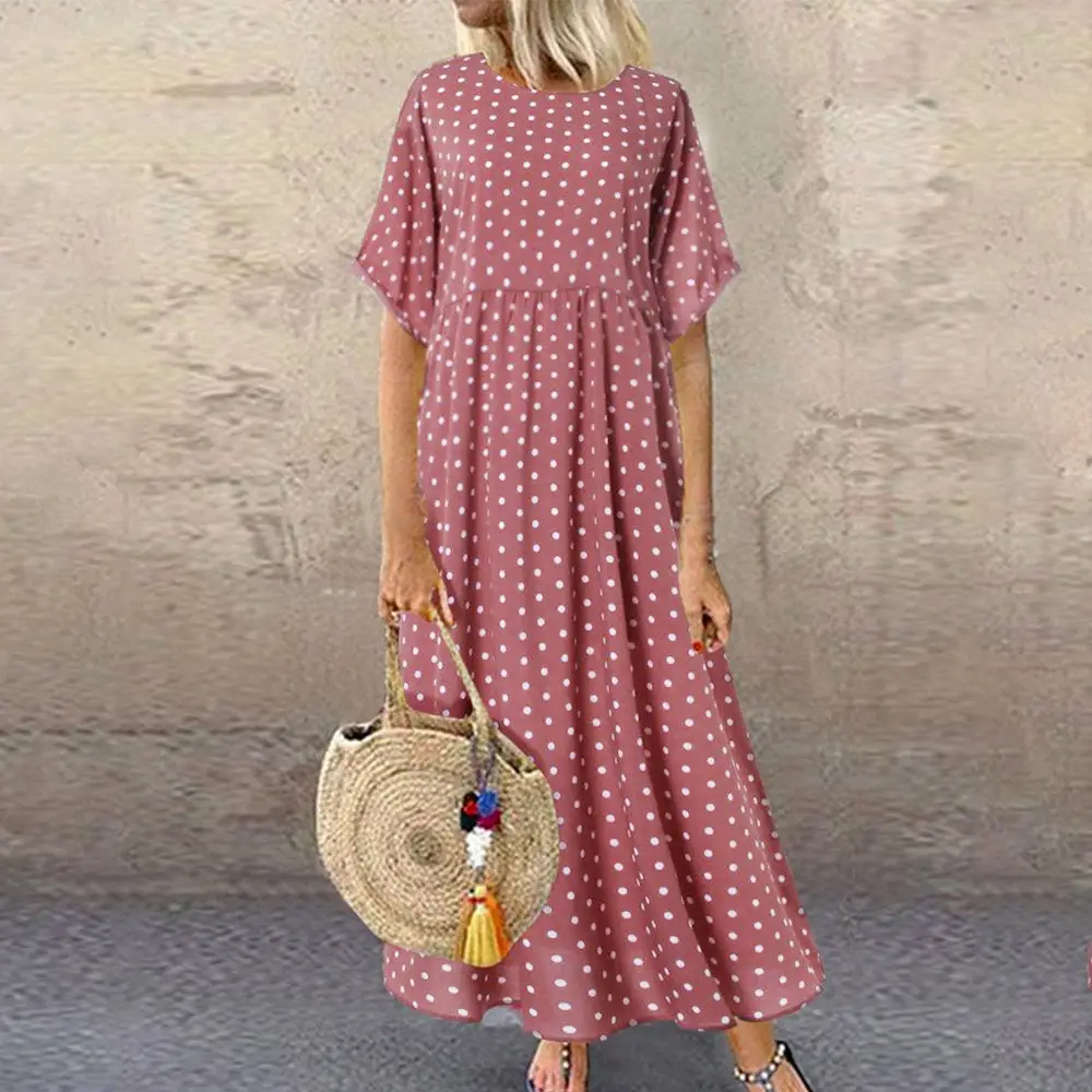 Women Polka Dot Swing Dress Green Large