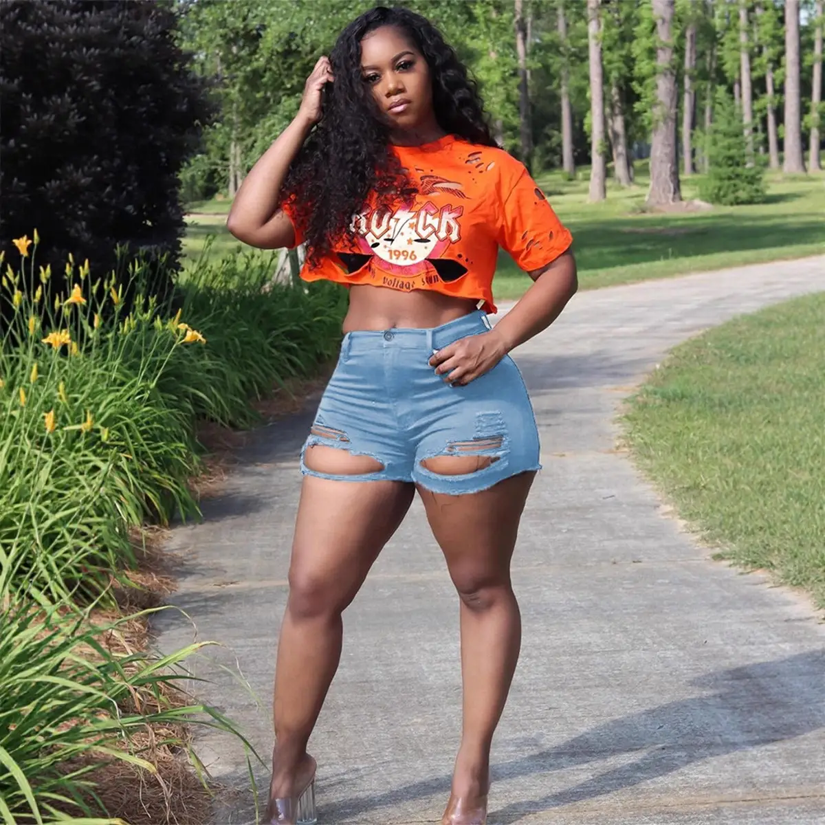 Ripped High Elastic Denim Shorts for Women - Image 3
