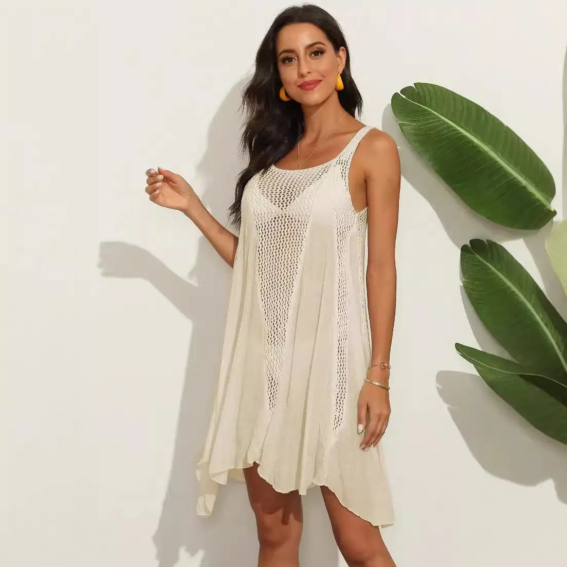 Women's Cream Crossbody Vest Dress with Long Sleeve - Image 5
