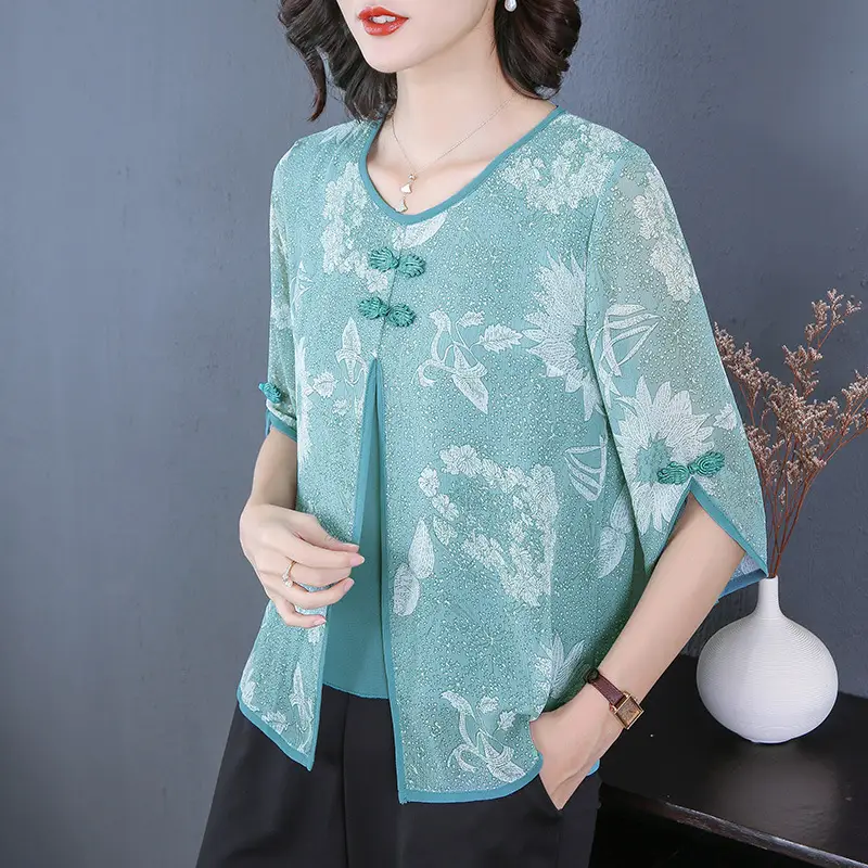 Women Chiffon Printed Shirt Mint Green Loose Fit 2021 - Image 4