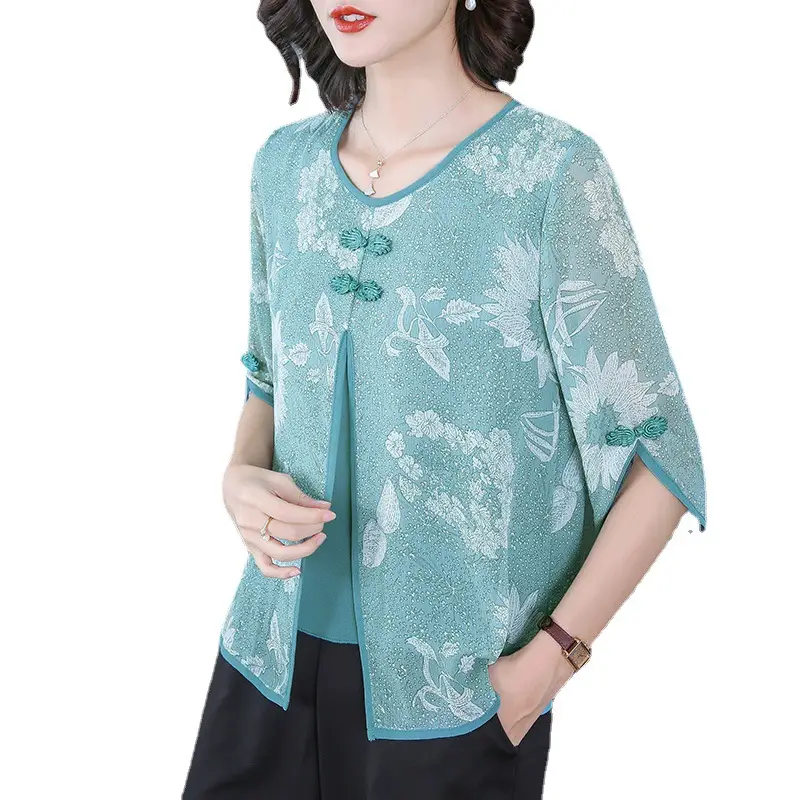 Women Chiffon Printed Shirt Mint Green Loose Fit 2021 - Image 7