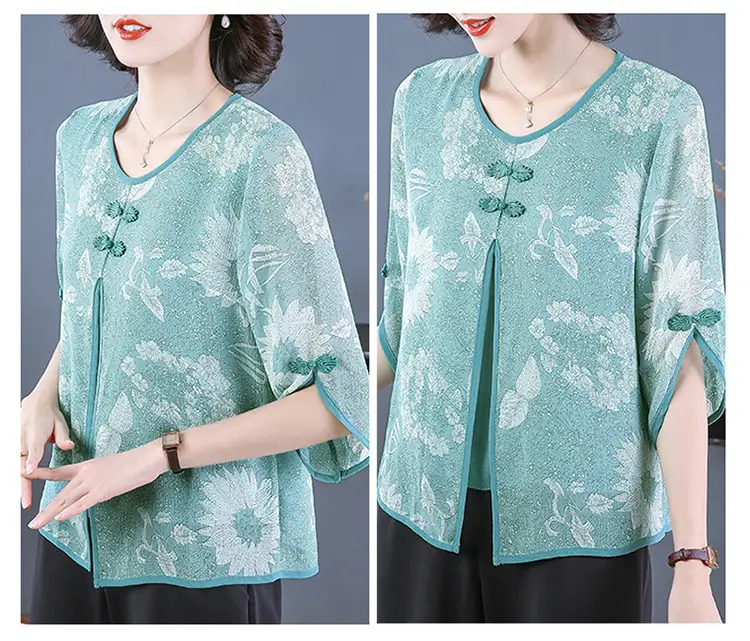 Women Chiffon Printed Shirt Mint Green Loose Fit 2021 — feature 18