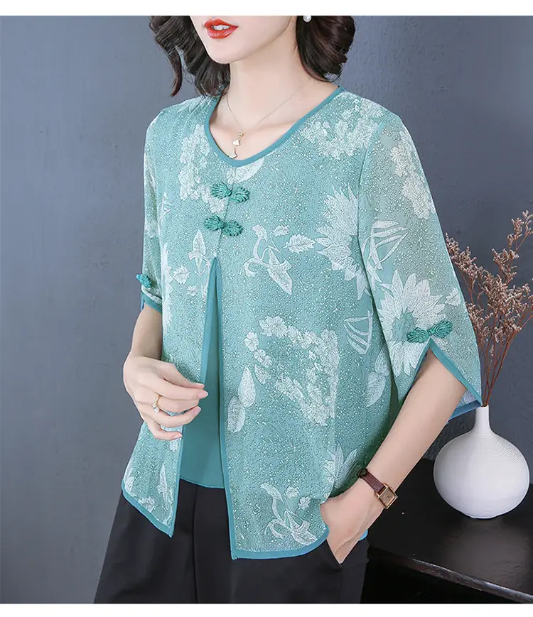 Women Chiffon Printed Shirt Mint Green Loose Fit 2021 — feature 21