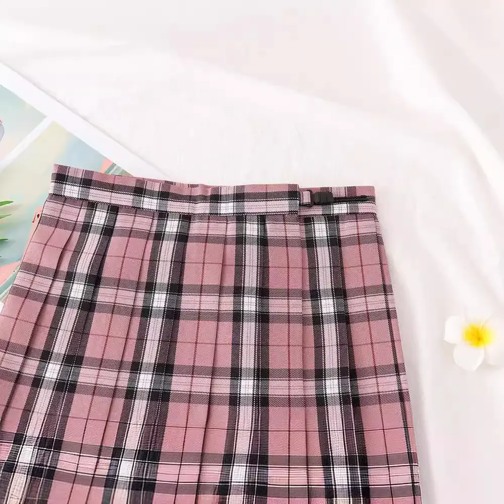 Plaid High Waist Pleated Skirt Pink Black - Image 6