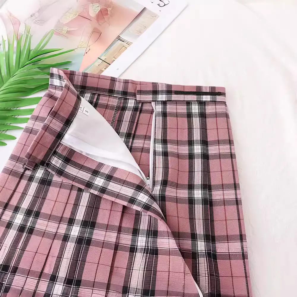 Plaid High Waist Pleated Skirt Pink Black - Image 7