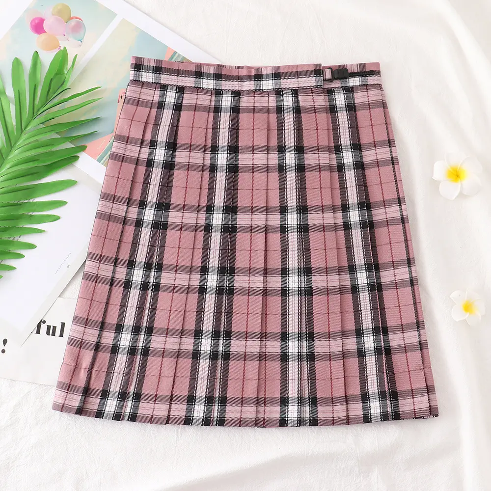 Plaid High Waist Pleated Skirt Pink Black - Image 2