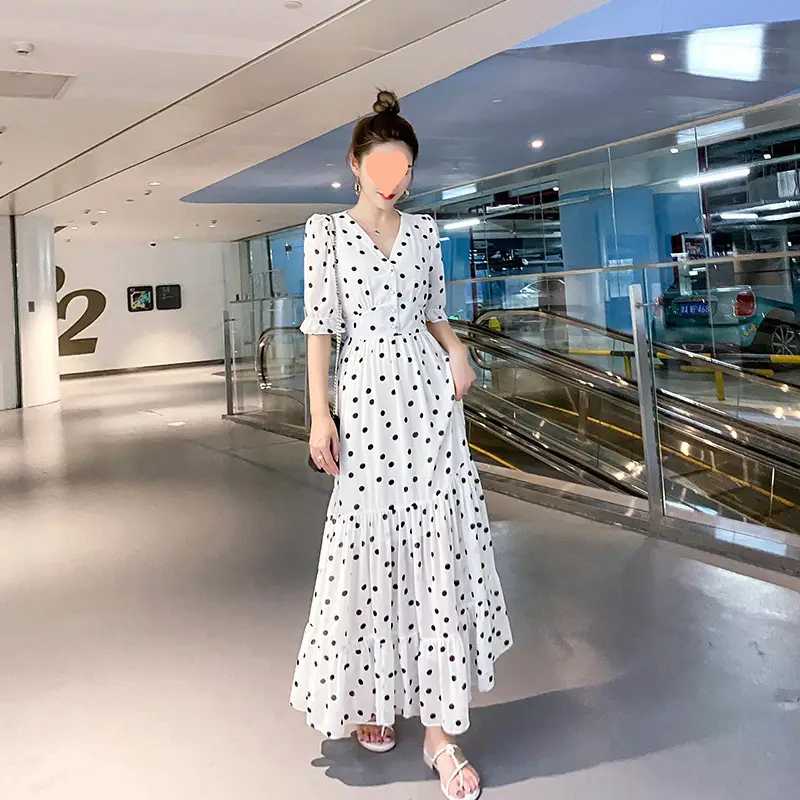 Women Chiffon Polka Dot High Waist Beach Dress - Image 3