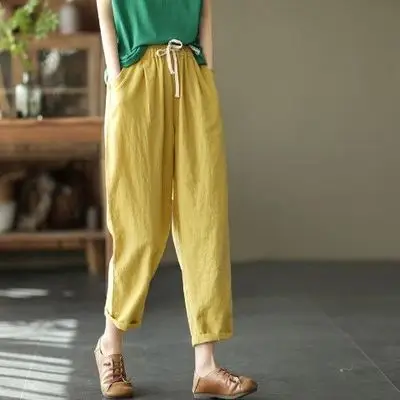 Women Linen Harem Pants Yellow Large 2025 - Image 13