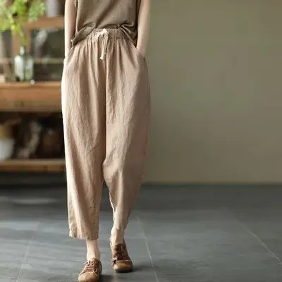 Women Linen Harem Pants Yellow Large 2025 - Image 2