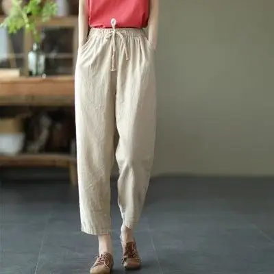 Women Linen Harem Pants Yellow Large 2025 - Image 9