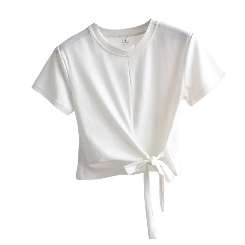 Women Tie Front T-Shirt White Summer Korean Style - Image 8