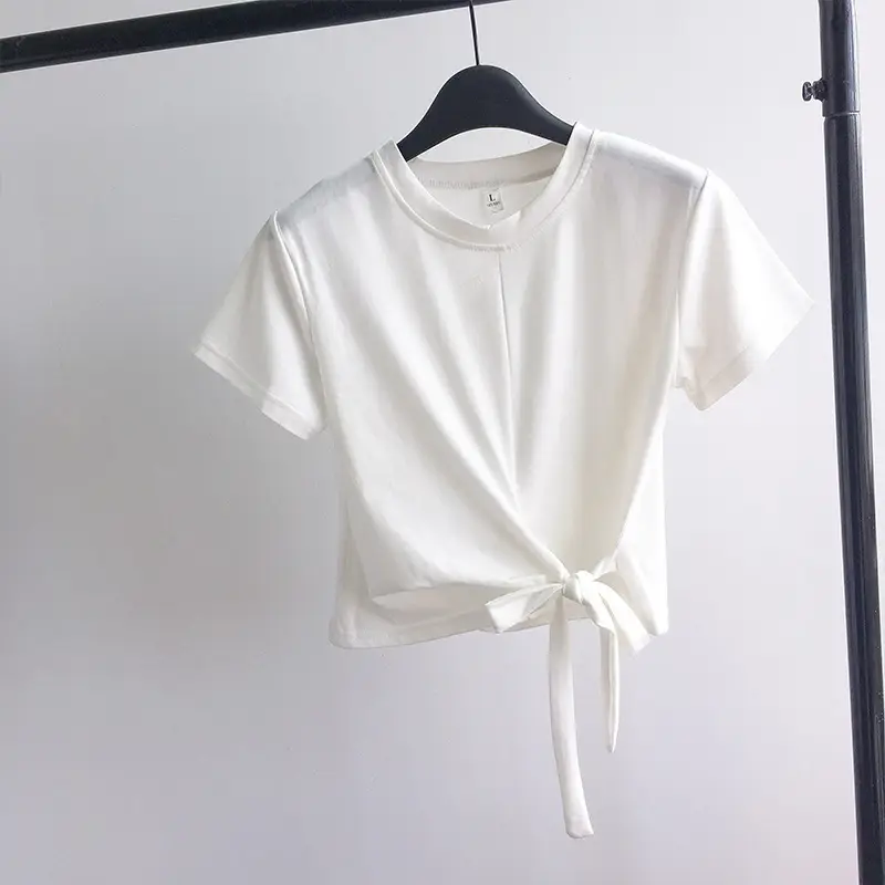 Women Tie Front T-Shirt White Summer Korean Style - Image 2
