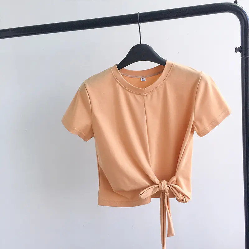 Women Tie Front T-Shirt White Summer Korean Style - Image 3