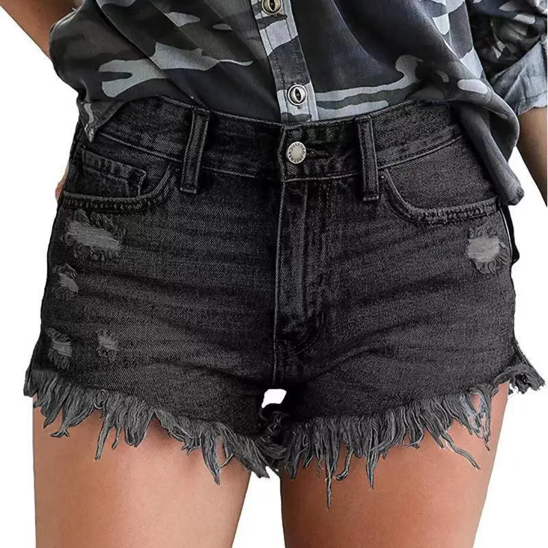 Women's Wash Cotton Shorts Black Frayed Hem - Image 7