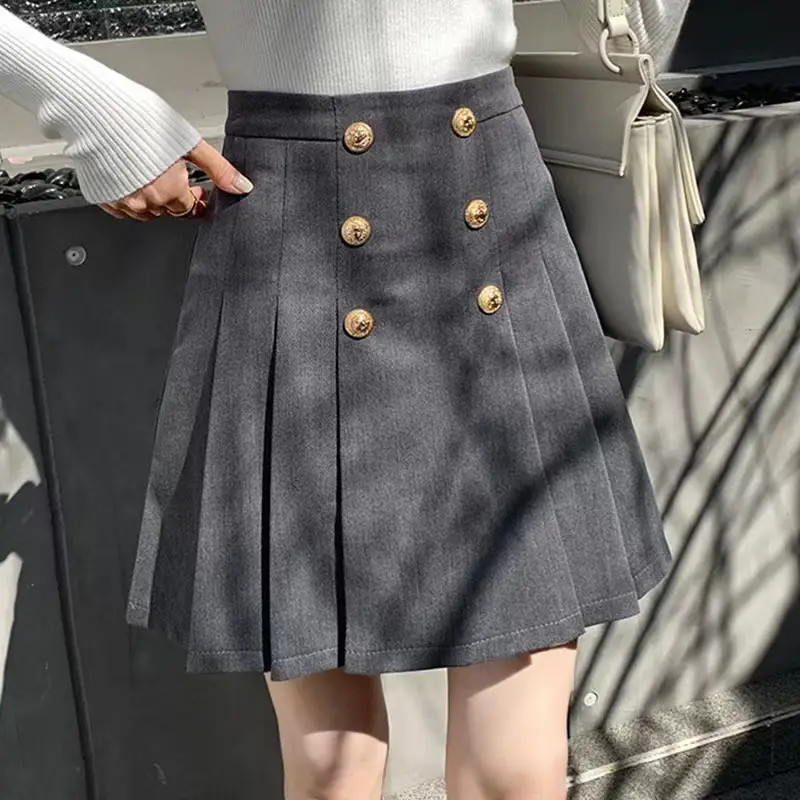 Double-Breasted Pleated Skirt Women High Waist Slimming - Image 8
