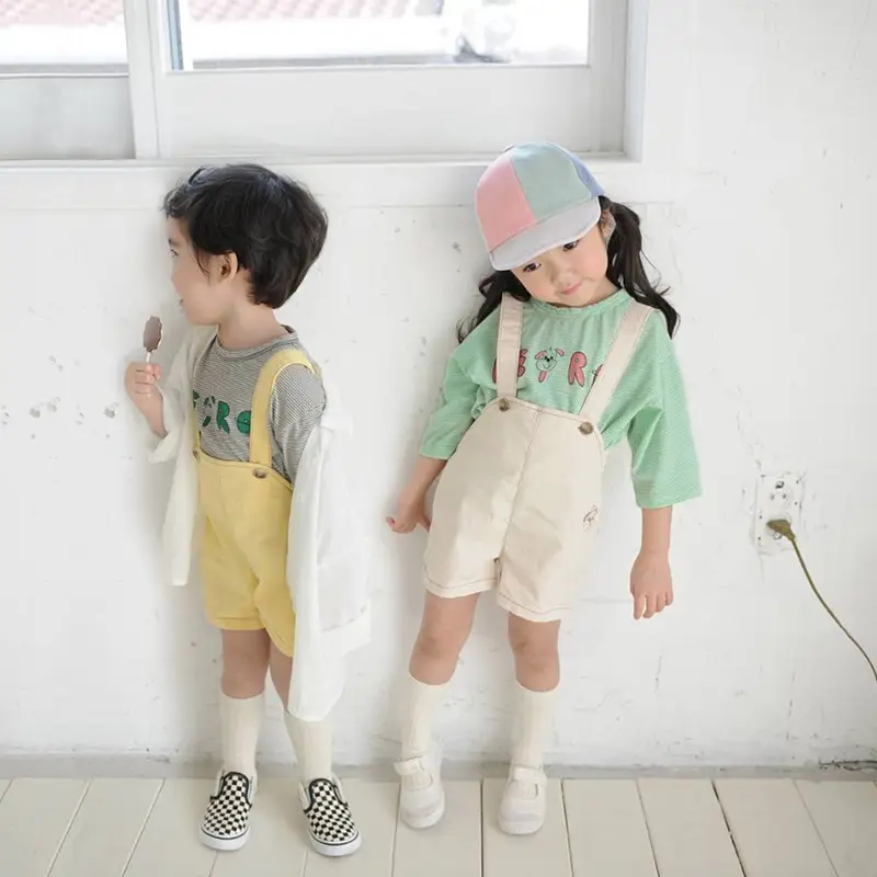 2026 Korean Boys Summer Striped T-Shirt Overalls Set