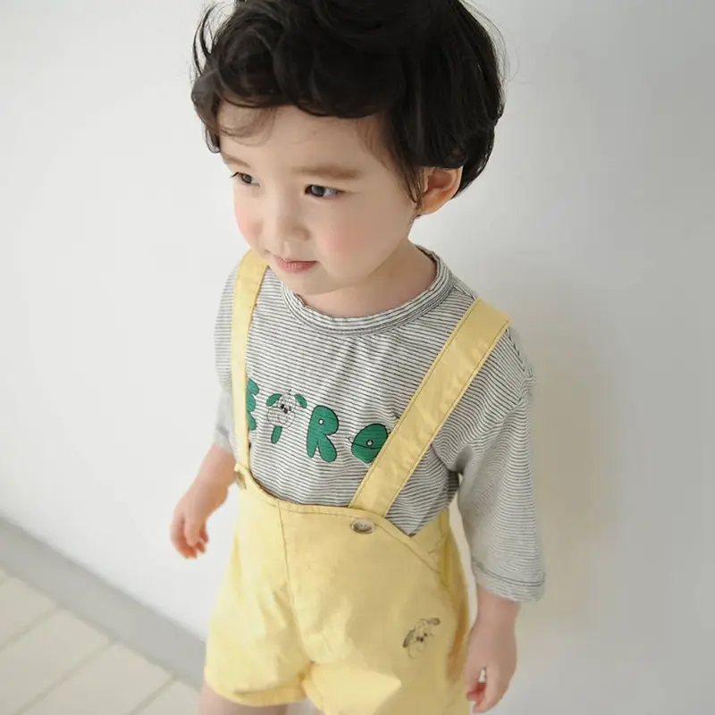 2026 Korean Boys Summer Striped T-Shirt Overalls Set