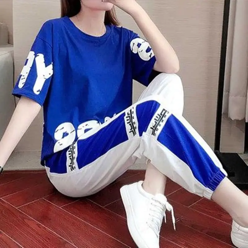 Women 2026 Blue White Casual Sports Suit Loose Fit