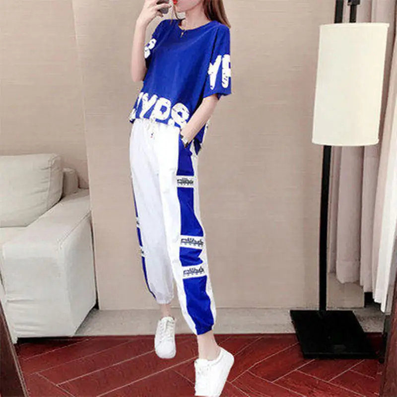 Women 2026 Blue White Casual Sports Suit Loose Fit