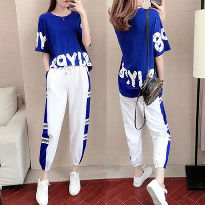 Women 2026 Blue White Casual Sports Suit Loose Fit