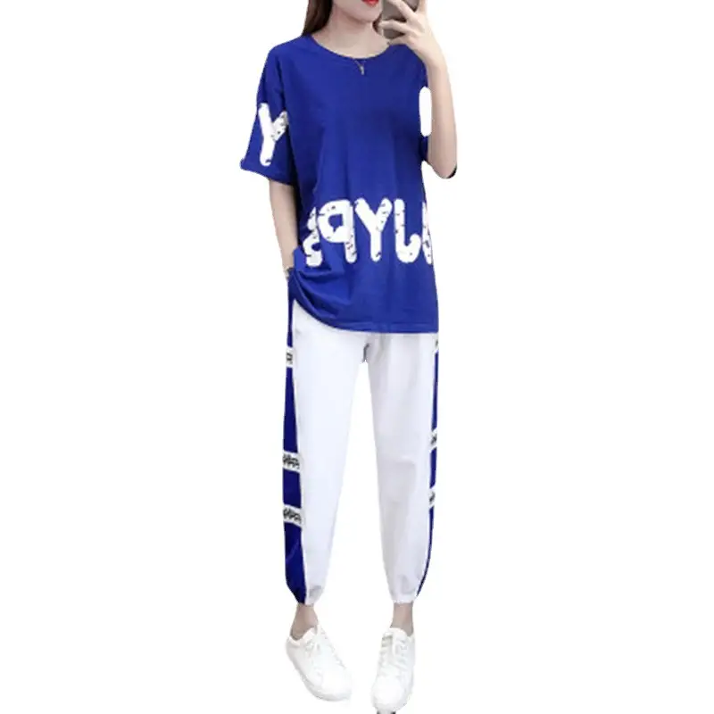 Women 2026 Blue White Casual Sports Suit Loose Fit
