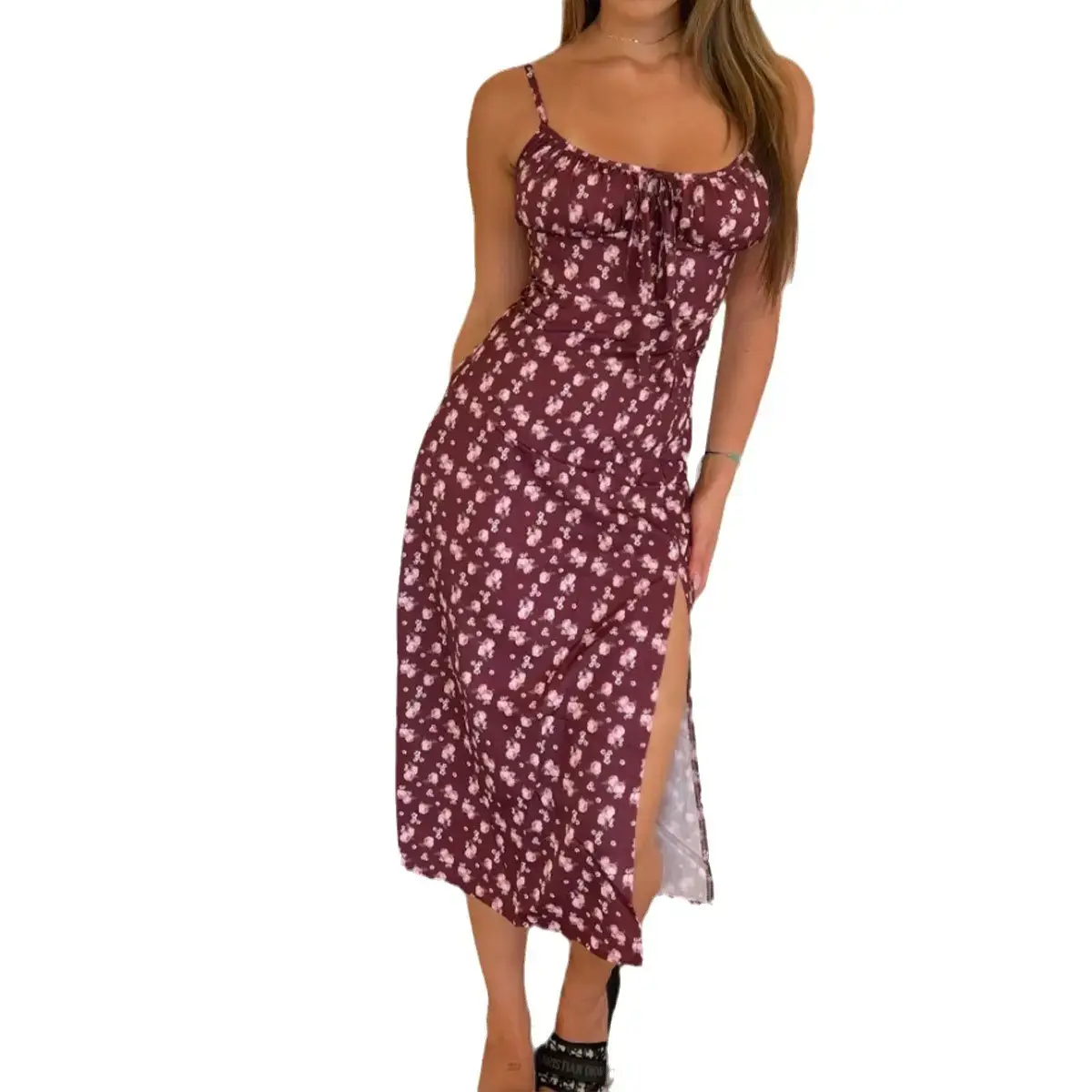 2026 Printed Tie-Up Slit Strap Dress Brown - Image 26
