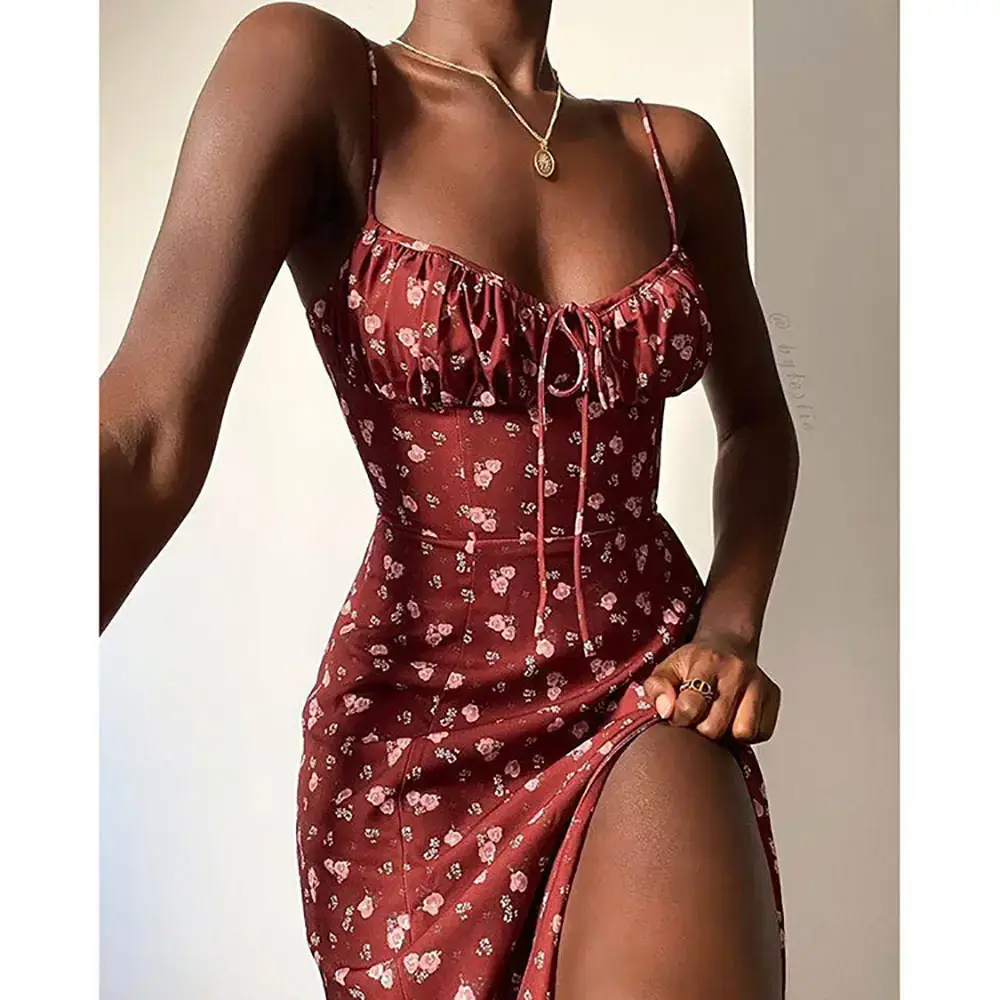 2026 Printed Tie-Up Slit Strap Dress Brown — feature 13