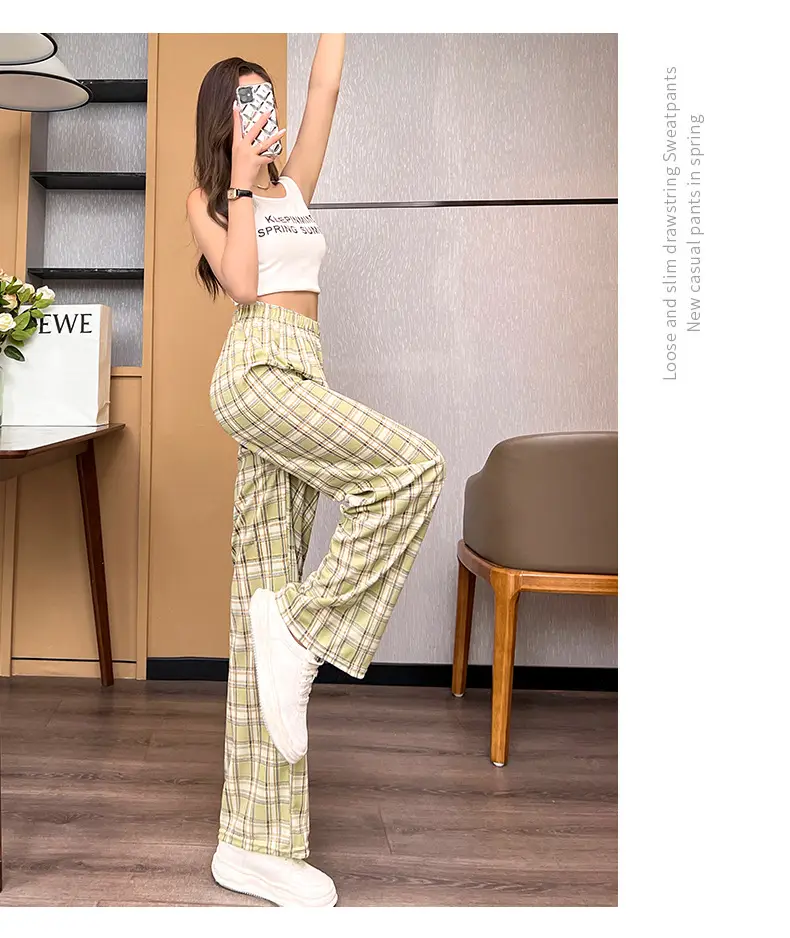 Women Plaid Summer Pants Pink Plaid Wide Leg — feature 10