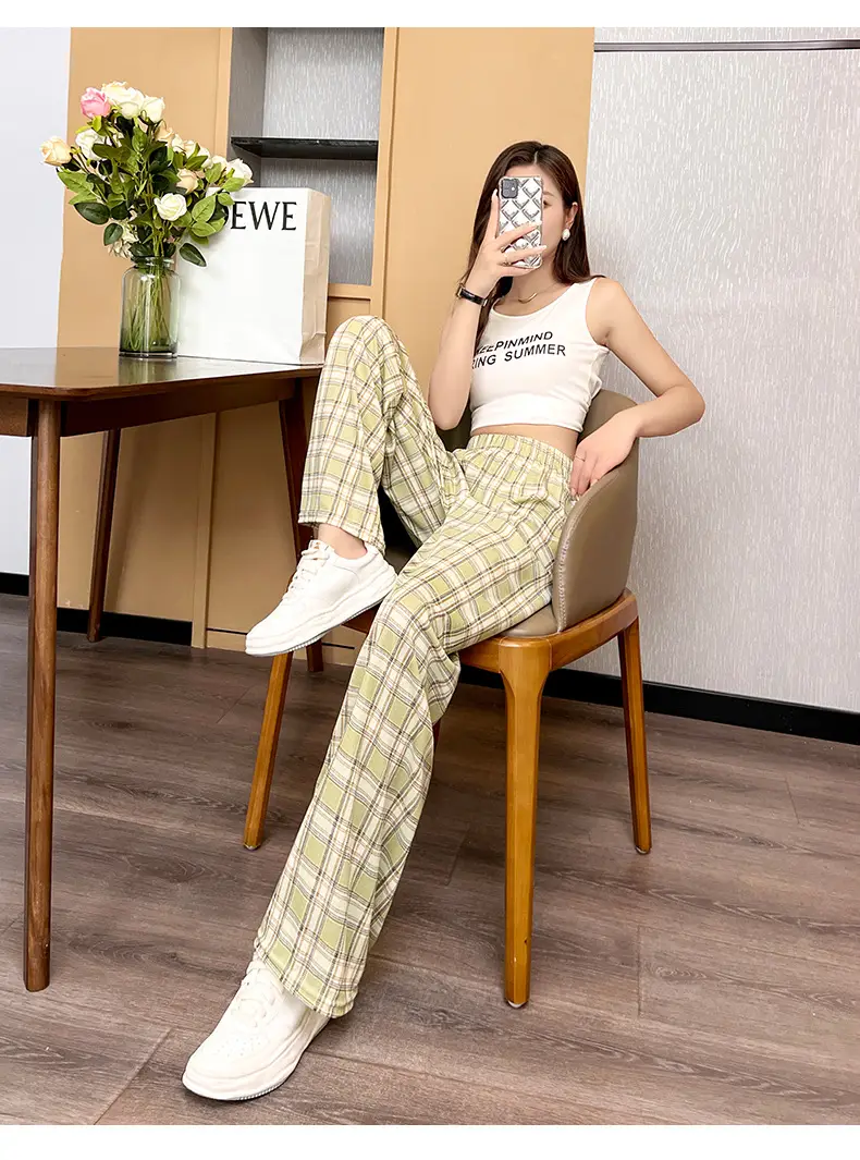 Women Plaid Summer Pants Pink Plaid Wide Leg — feature 11