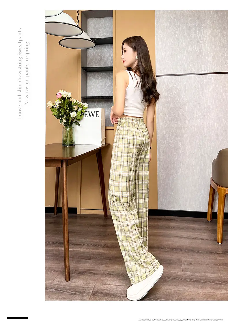 Women Plaid Summer Pants Pink Plaid Wide Leg — feature 12