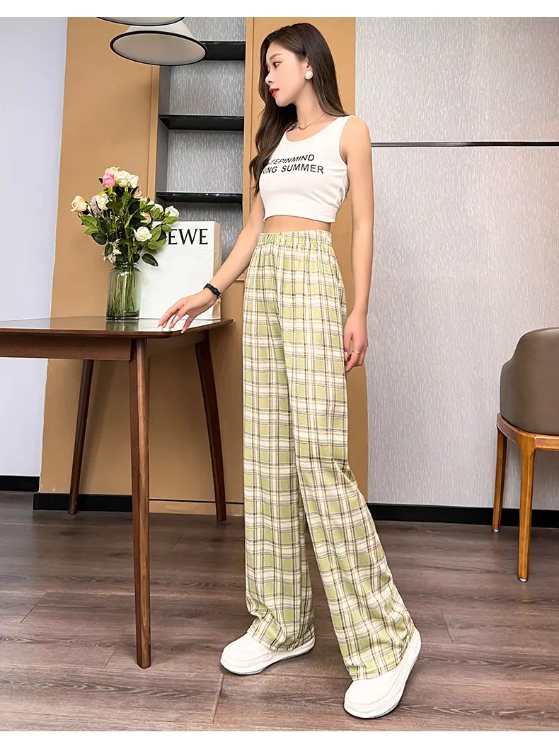 Women Plaid Summer Pants Pink Plaid Wide Leg — feature 13