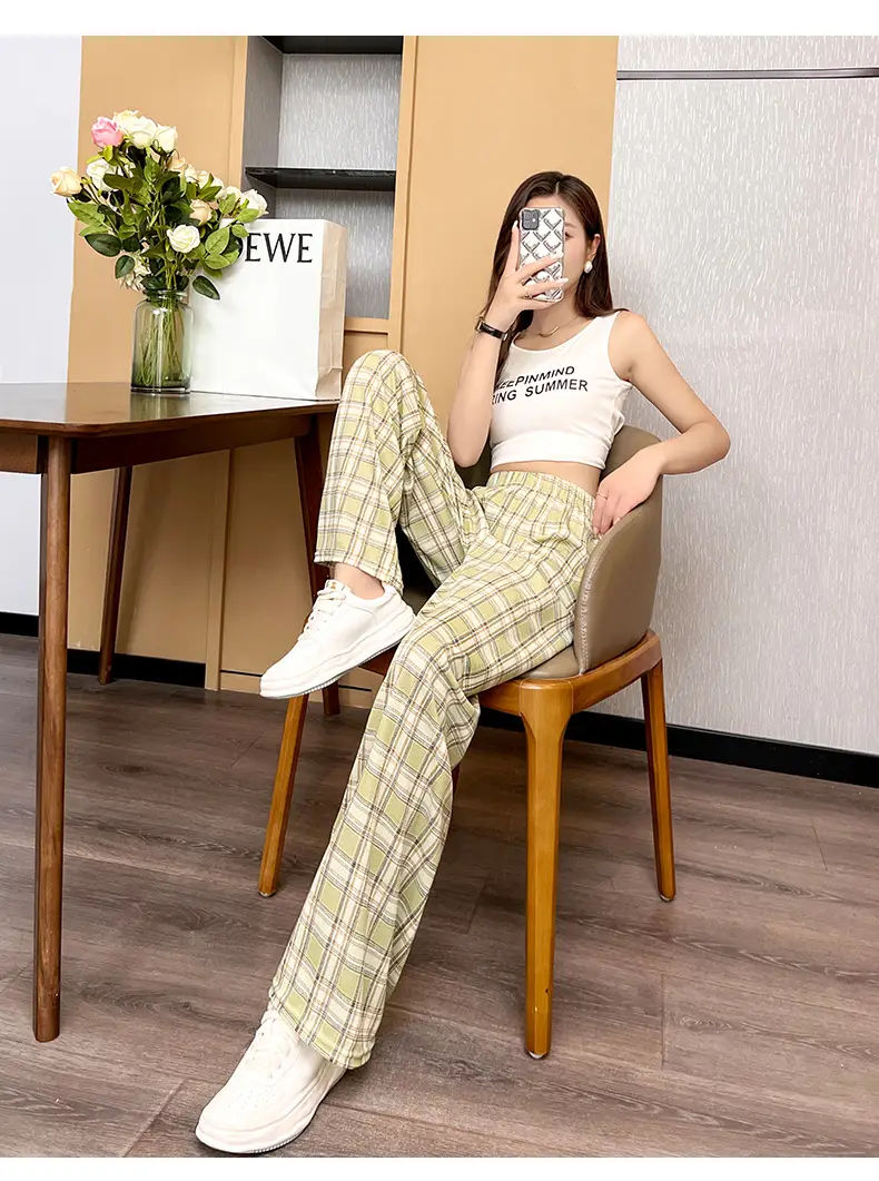 Women Plaid Summer Pants Pink Plaid Wide Leg — feature 14