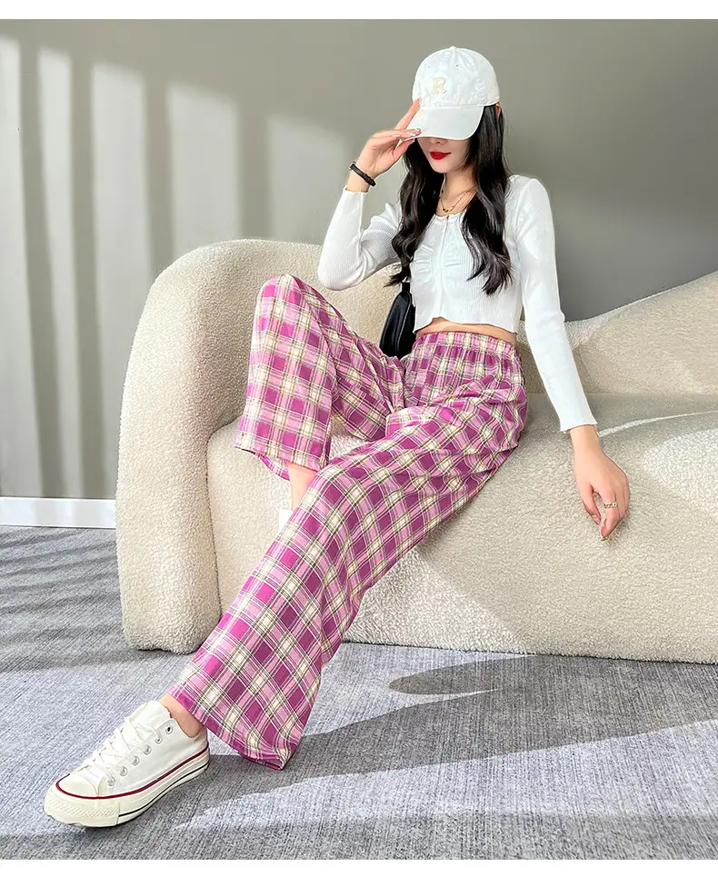 Women Plaid Summer Pants Pink Plaid Wide Leg — feature 16