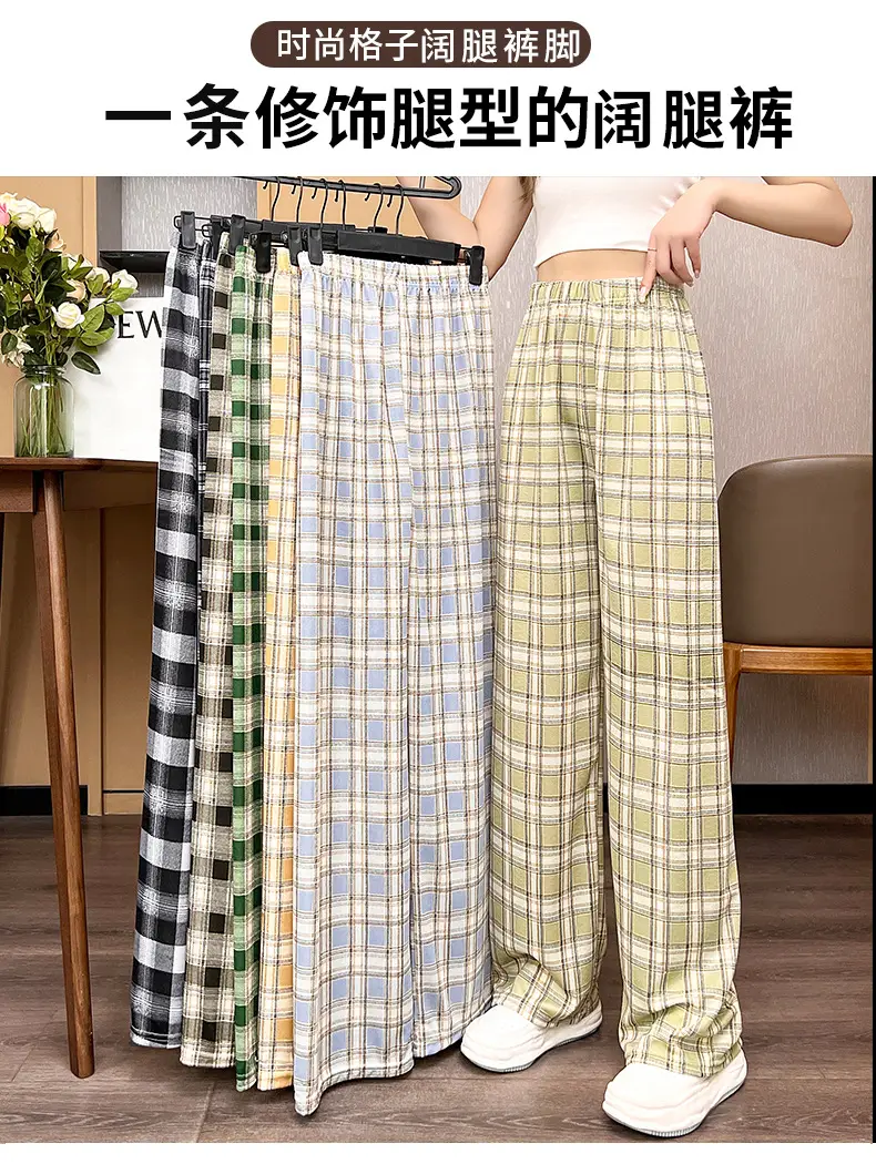 Women Plaid Summer Pants Pink Plaid Wide Leg — feature 2