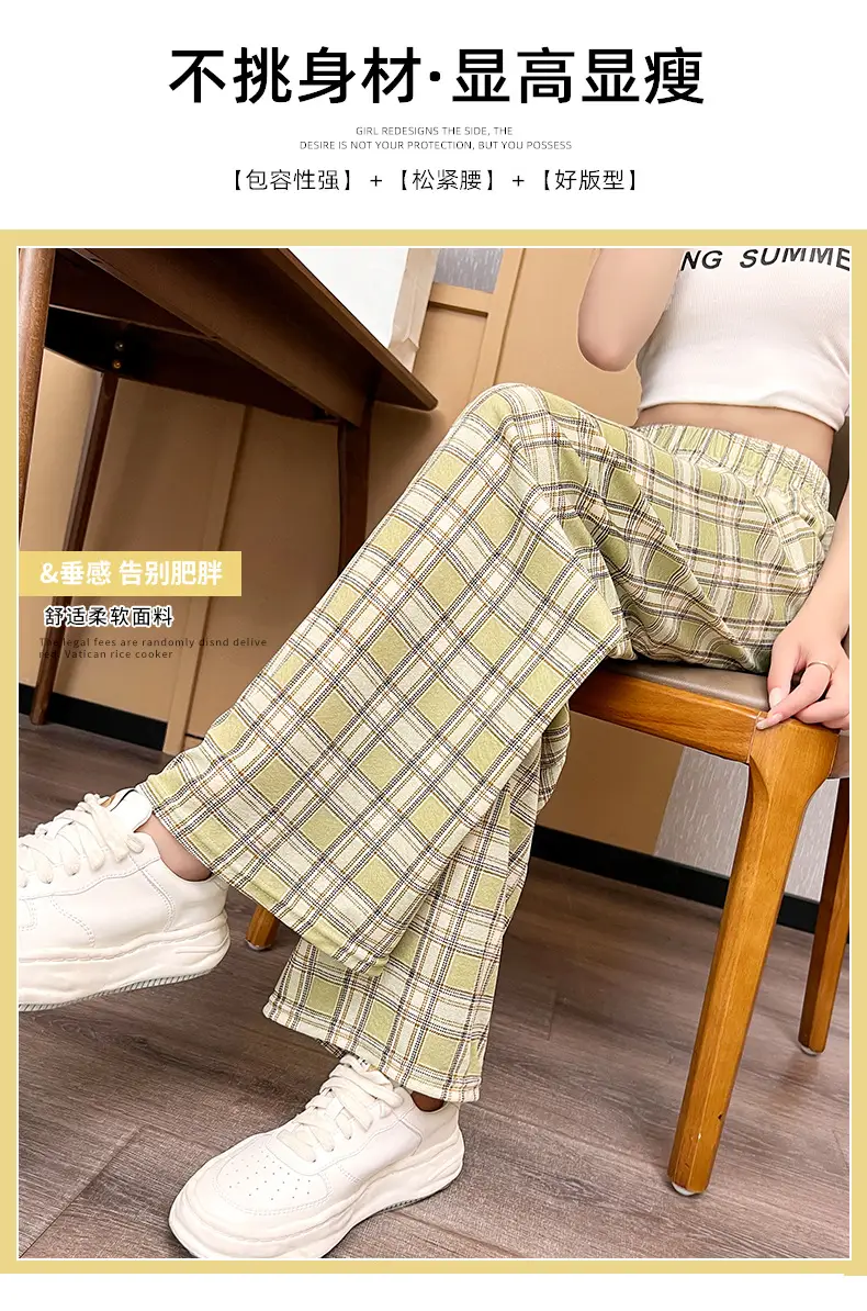 Women Plaid Summer Pants Pink Plaid Wide Leg — feature 3
