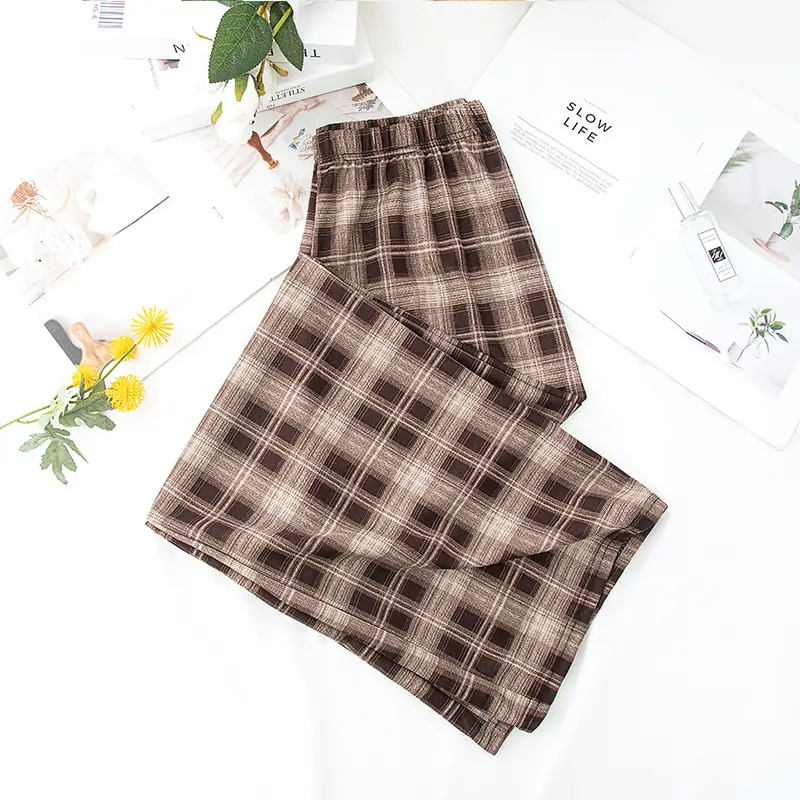 Women Plaid Summer Pants Pink Plaid Wide Leg — feature 36