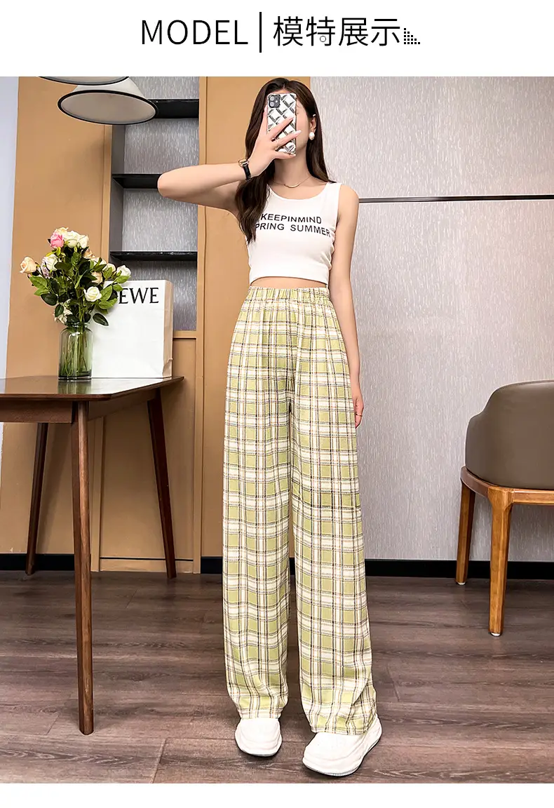 Women Plaid Summer Pants Pink Plaid Wide Leg — feature 8