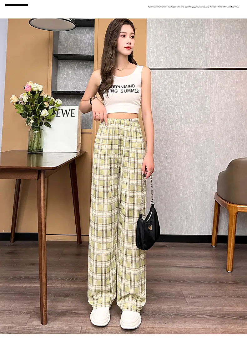 Women Plaid Summer Pants Pink Plaid Wide Leg — feature 9