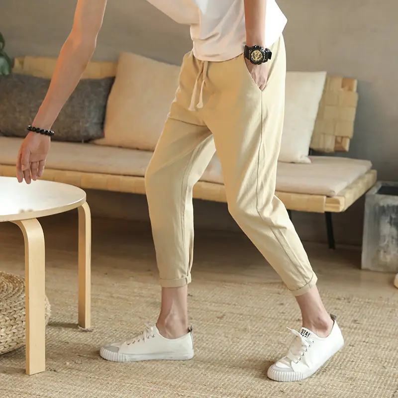 Men Slim Fit Casual Cropped Pants Beige All Size - Image 2