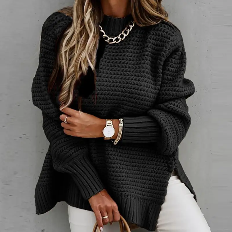 Women 2023 Black Knitted Half-Turtleneck Sweater - Image 3