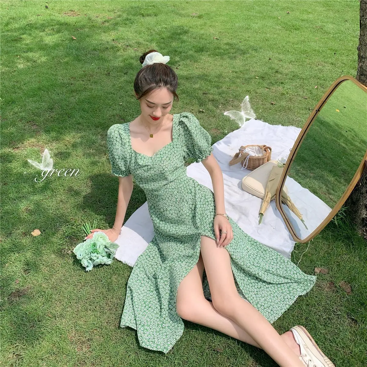 Green Floral V-Neck French Dress for Women