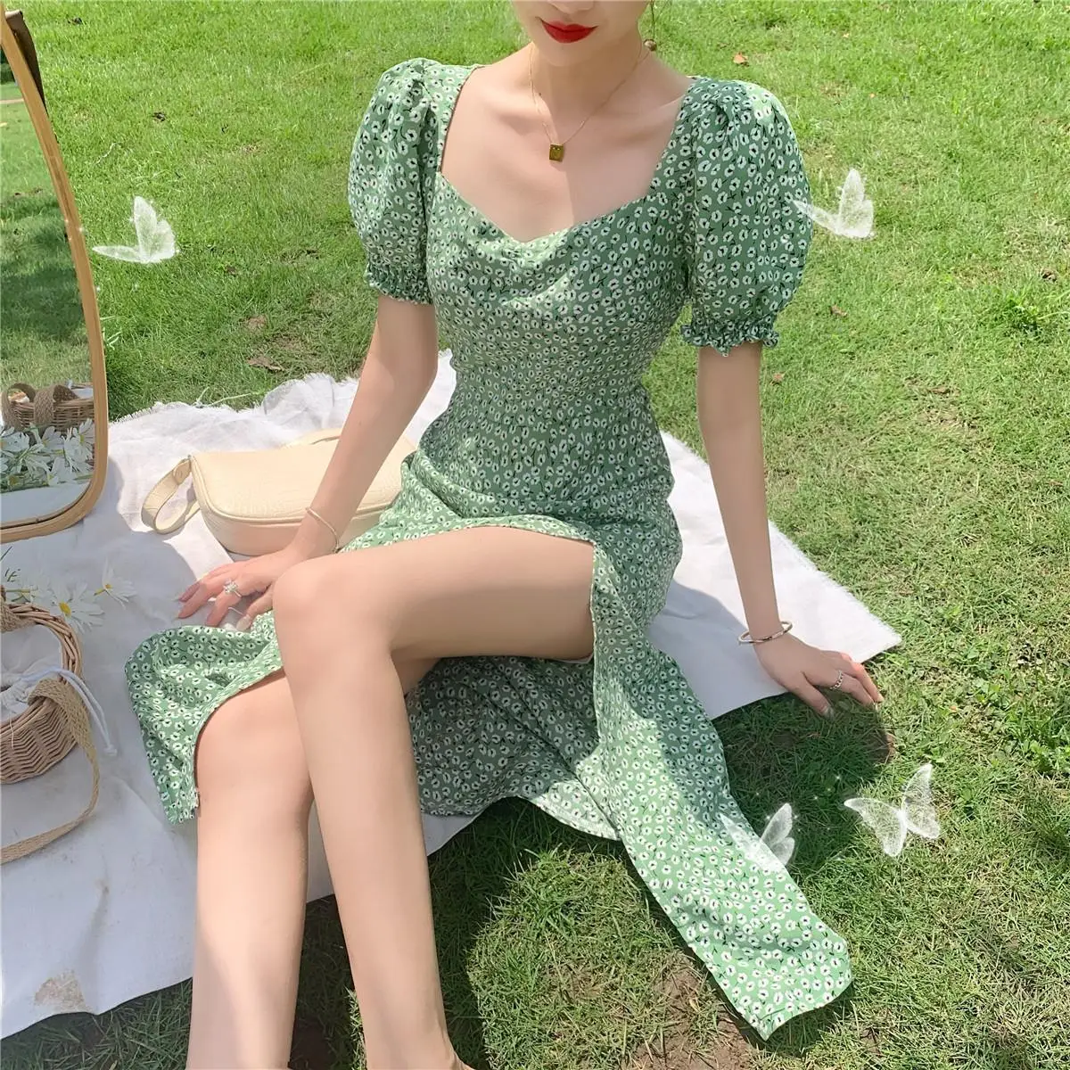 Green Floral V-Neck French Dress for Women